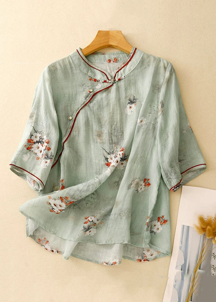 French Green Stand Collar Print Linen Blouses Half Sleeve JH067 MMDM-HTP240717