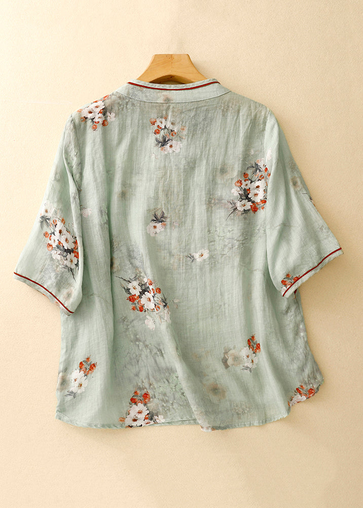 French Green Stand Collar Print Linen Blouses Half Sleeve JH067 MMDM-HTP240717