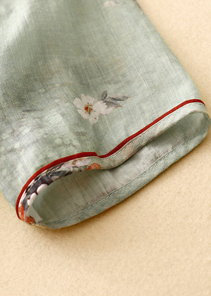 French Green Stand Collar Print Linen Blouses Half Sleeve JH067 MMDM-HTP240717