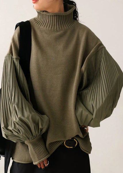 French Green Turtleneck Patchwork Knit Sweater Lantern Sleeve TF012