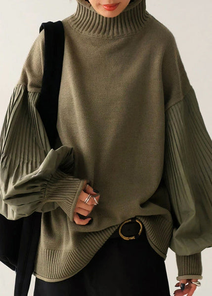 French Green Turtleneck Patchwork Knit Sweater Lantern Sleeve TF012