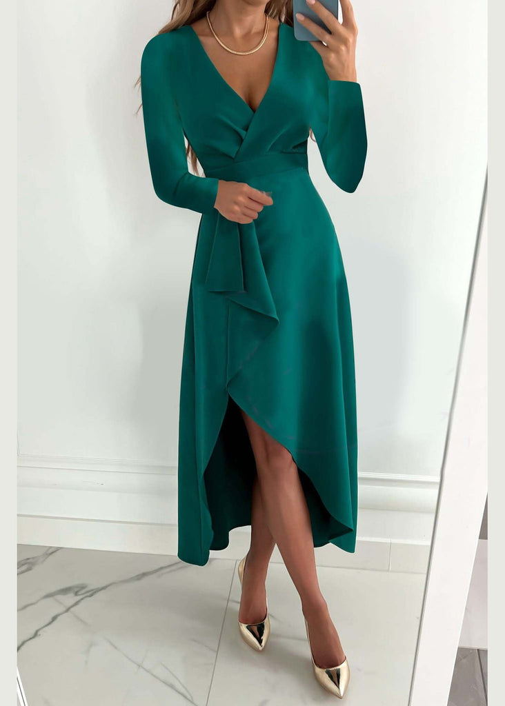 French Green V Neck Asymmetrical Design Side Open Dress Fall QR003 BB-ZS-WM-FDL240929