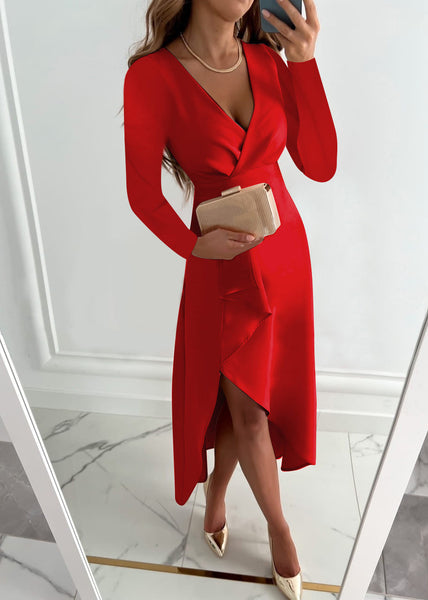 French Green V Neck Asymmetrical Design Side Open Dress Fall QR003 BB-ZS-WM-FDL240929