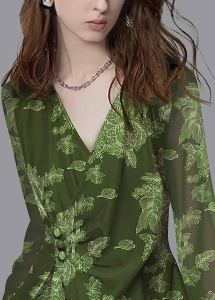 French Green V Neck Asymmetrical Tulle Top Fall AC1014 Genistyle Shop