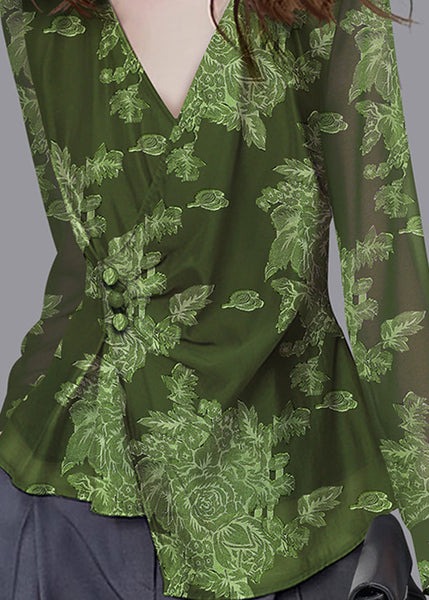 French Green V Neck Asymmetrical Tulle Top Fall AC1014 Genistyle Shop