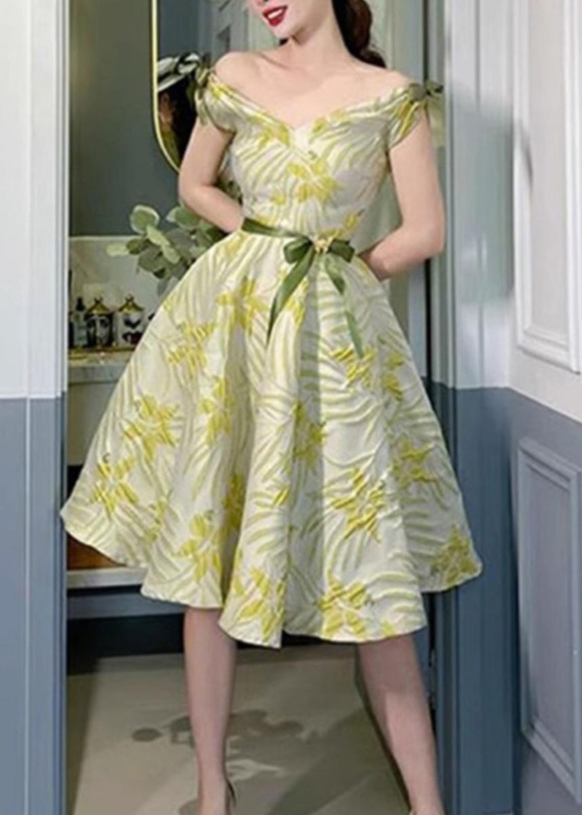 French Green V Neck Bow Cotton Dresses Sleeveless XX081 SH-LF-SDM240611