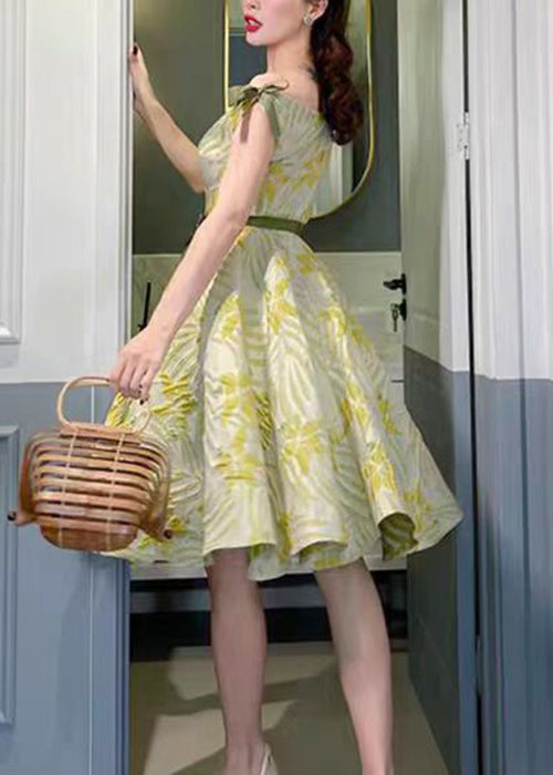 French Green V Neck Bow Cotton Dresses Sleeveless XX081 SH-LF-SDM240611