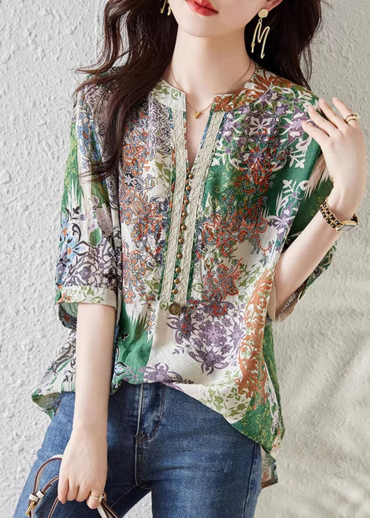 French Green V Neck Print Chiffon Shirts Summer TH028