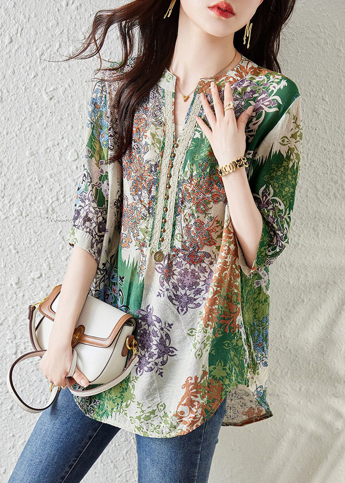 French Green V Neck Print Chiffon Shirts Summer TH028