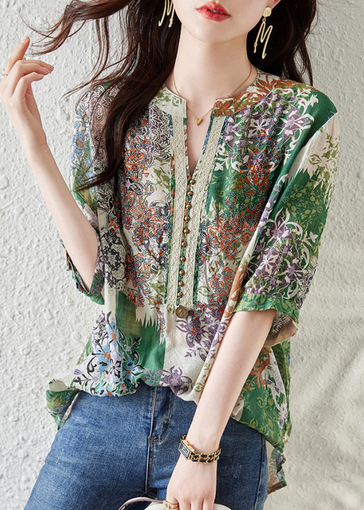 French Green V Neck Print Chiffon Shirts Summer TH028