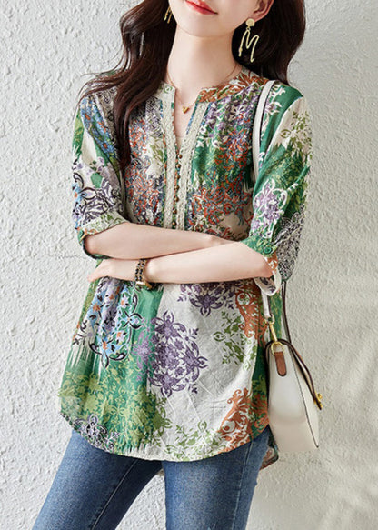 French Green V Neck Print Chiffon Shirts Summer TH028