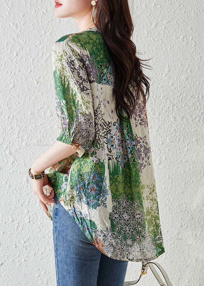 French Green V Neck Print Chiffon Shirts Summer TH028