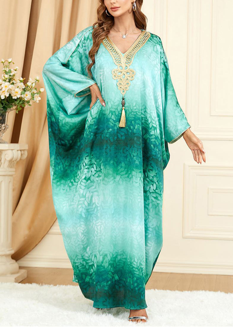 French Green V Neck Print Silk Maxi Dresses Batwing Sleeve AA1032 Ada Fashion