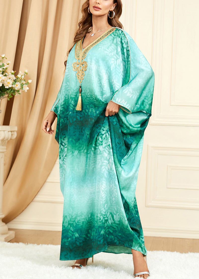 French Green V Neck Print Silk Maxi Dresses Batwing Sleeve AA1032 Ada Fashion