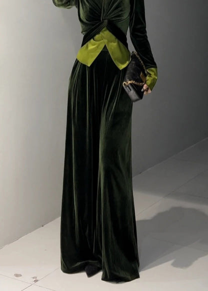 French Green V Neck Silk Velvet Two Pieces Set Spring TQ030 ABC1