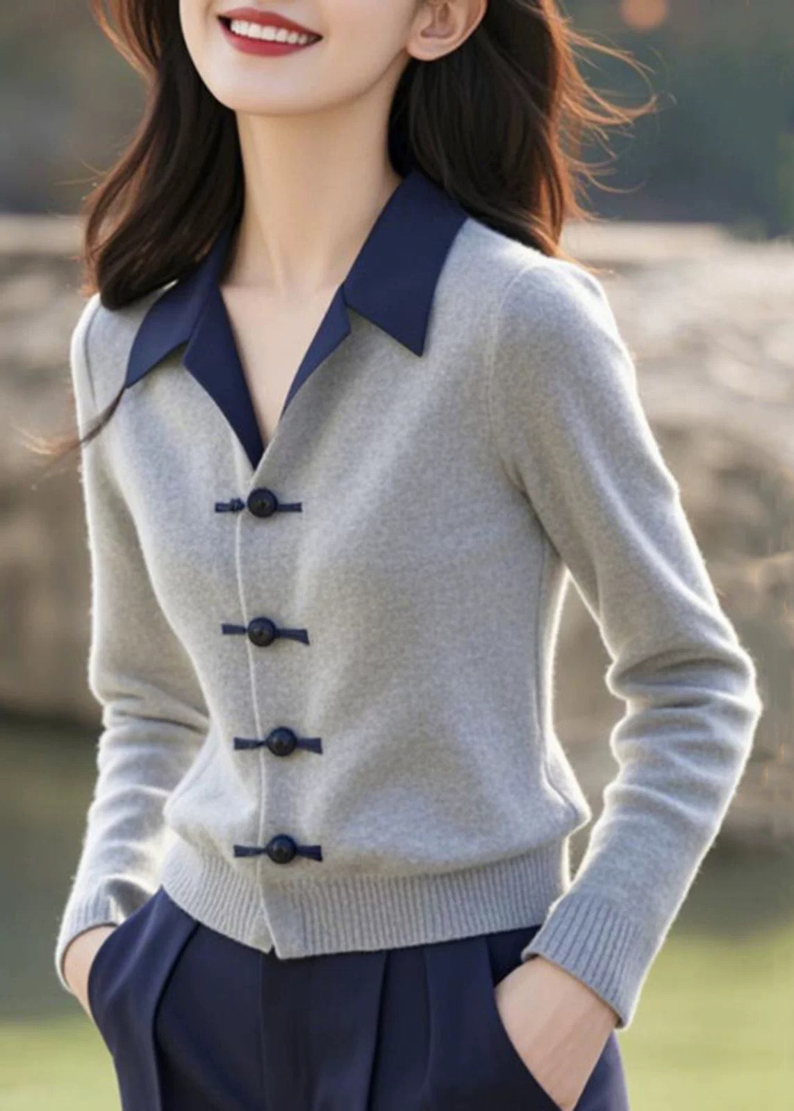 French Grey Button Patchwork Knitting Cotton Sweaters Winter ER031 ABC