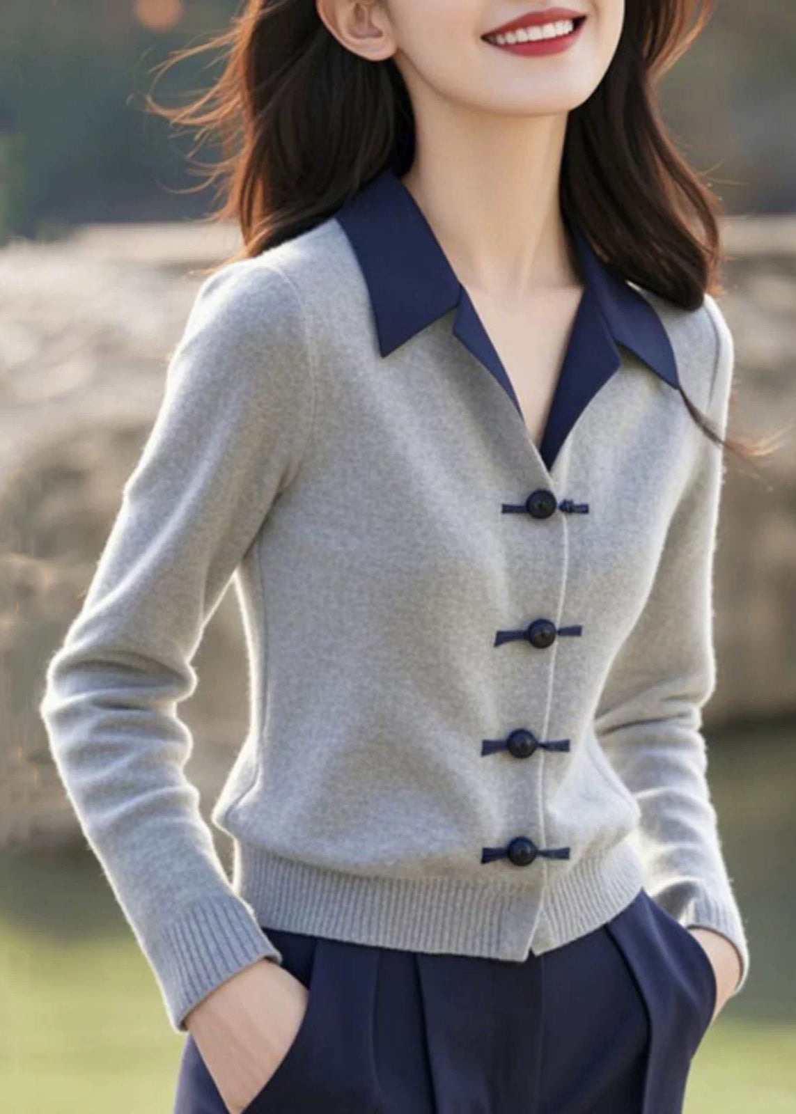 French Grey Button Patchwork Knitting Cotton Sweaters Winter ER031 ABC