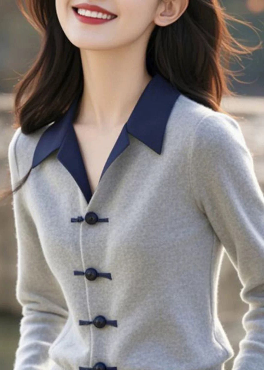 French Grey Button Patchwork Knitting Cotton Sweaters Winter ER031 ABC