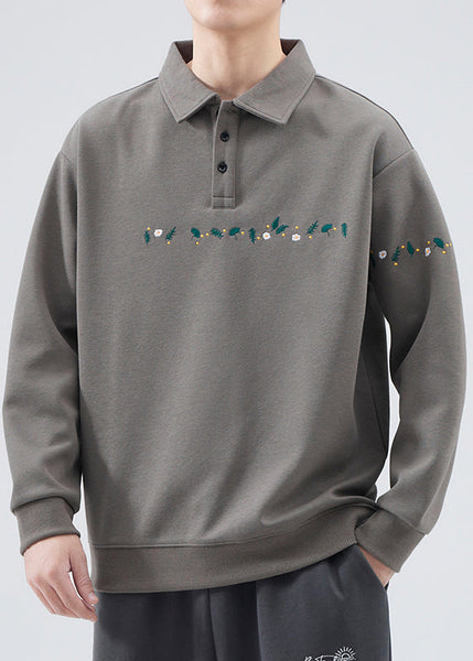 Embroideried Button French Grey Sweatshirts Mens Cotton TC020 Spring