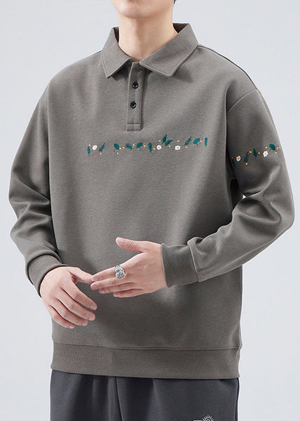 Embroideried Button French Grey Sweatshirts Mens Cotton TC020 Spring