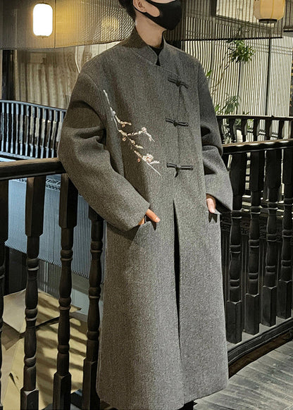 French Grey Embroideried Button Woolen Men Long Trench Coat Winter RO027 ABC