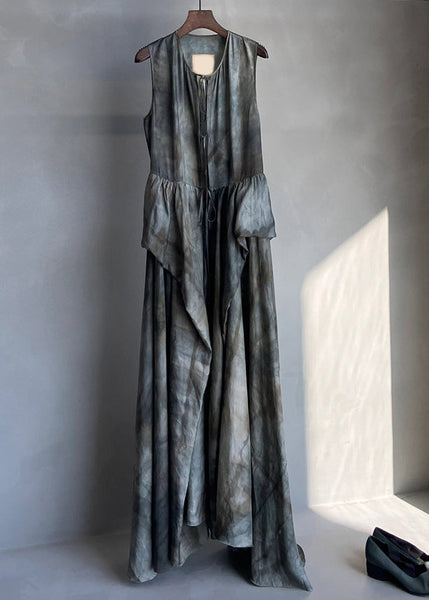 French Grey Lace Up Patchwork Linen Dress Sleeveless EE1058 SH-LF-SDL240517