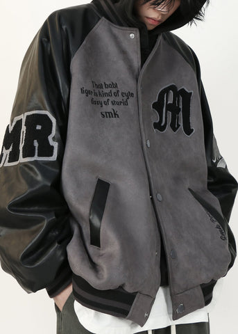 Suede TC013 Spring Faux Mens Grey Faux Patchwork Coat French Leather Letter