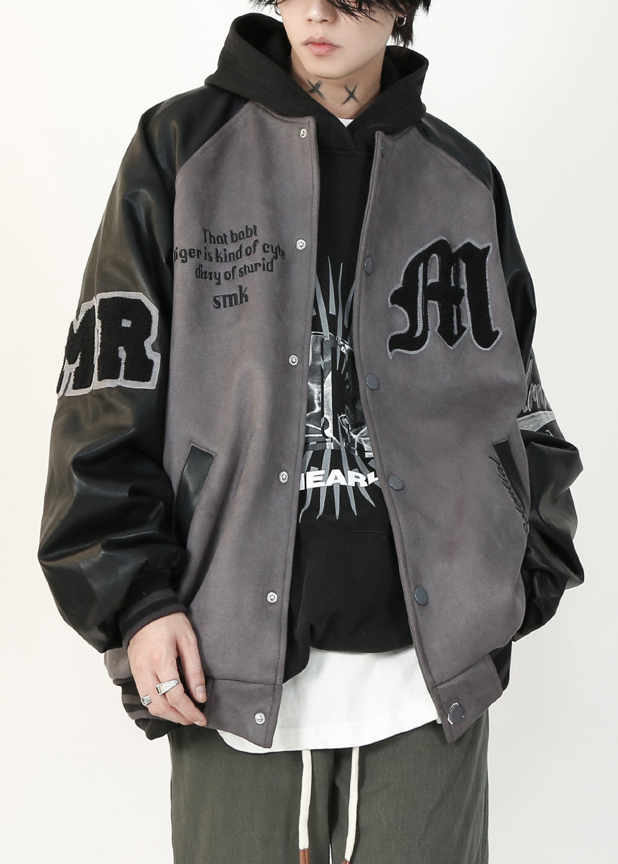 Suede TC013 Spring Faux Mens Grey Faux Patchwork Coat French Leather Letter