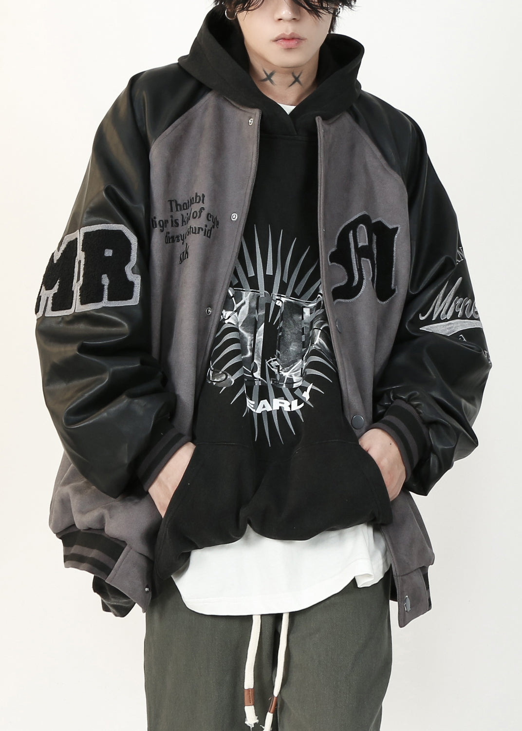 Suede TC013 Spring Faux Mens Grey Faux Patchwork Coat French Leather Letter