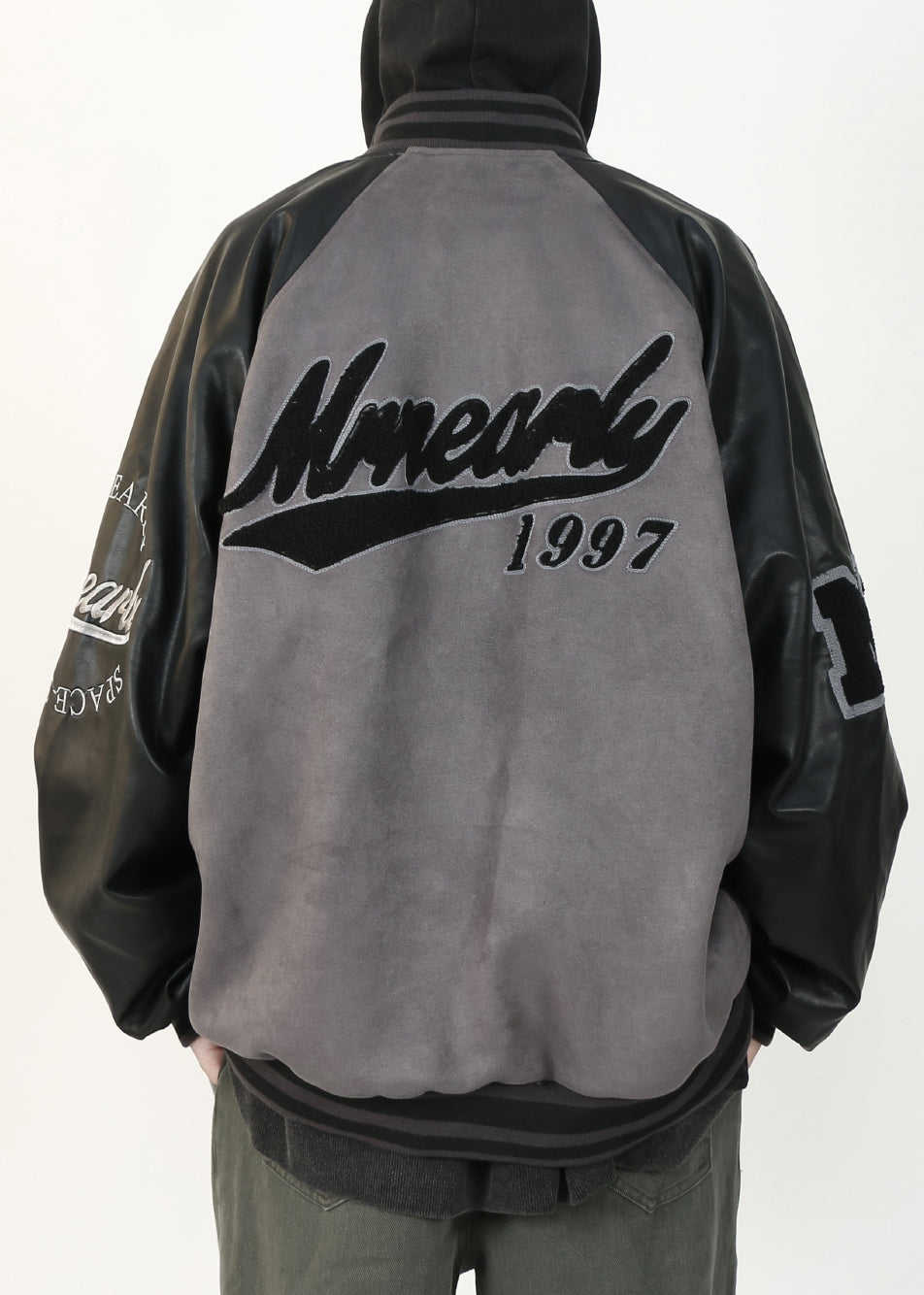 Suede TC013 Spring Faux Mens Grey Faux Patchwork Coat French Leather Letter