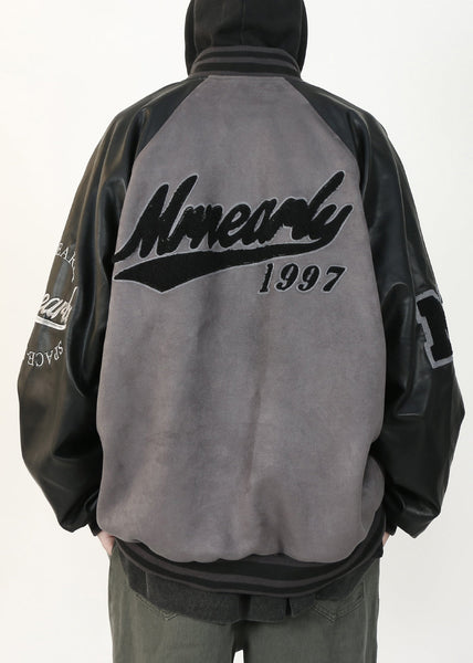 Suede TC013 Spring Faux Mens Grey Faux Patchwork Coat French Leather Letter