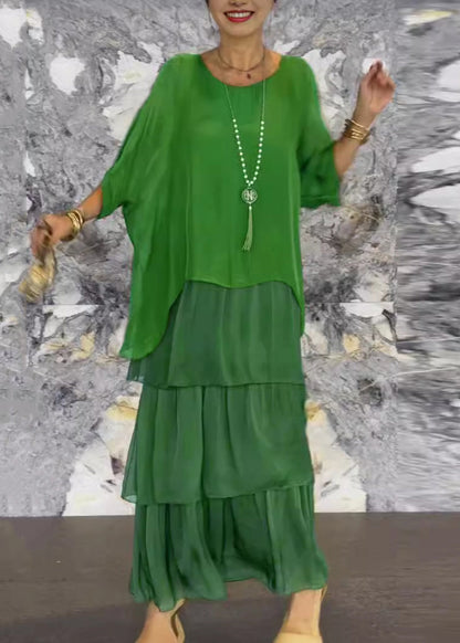 French Grey O Neck Solid Chiffon Dresses Batwing Sleeve QA022 OM-BB241009