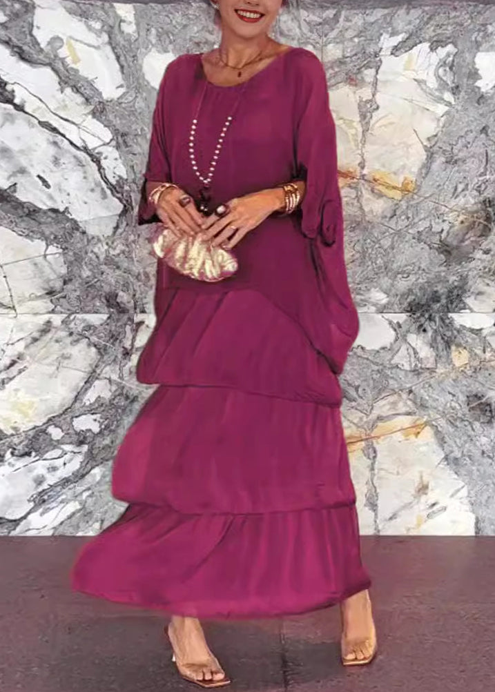 French Grey O Neck Solid Chiffon Dresses Batwing Sleeve QA022 OM-BB241009