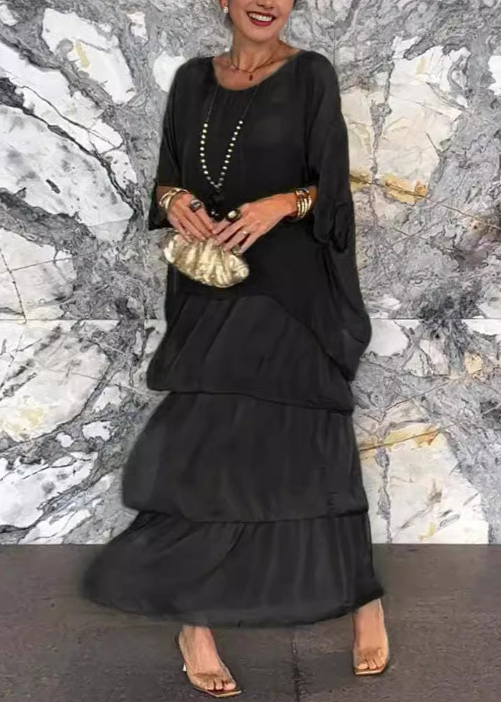 French Grey O Neck Solid Chiffon Dresses Batwing Sleeve QA022 OM-BB241009