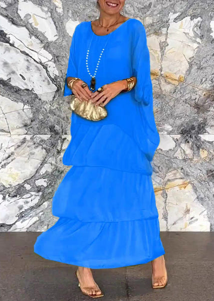 French Grey O Neck Solid Chiffon Dresses Batwing Sleeve QA022 OM-BB241009