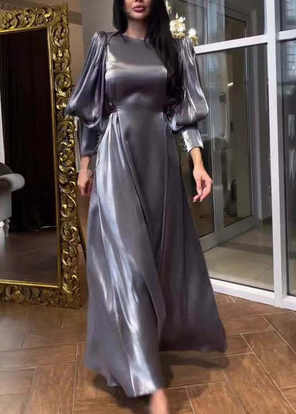French Grey O-Neck Solid Silk Long Dresses Lantern Sleeve QL005 OM-ZS241023
