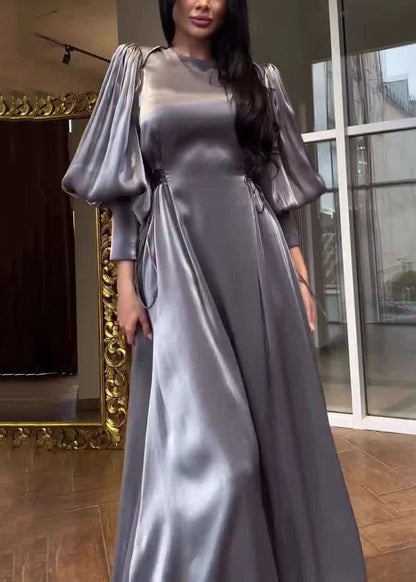 French Grey O-Neck Solid Silk Long Dresses Lantern Sleeve QL005 OM-ZS241023