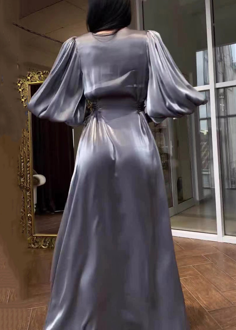 French Grey O-Neck Solid Silk Long Dresses Lantern Sleeve QL005 OM-ZS241023