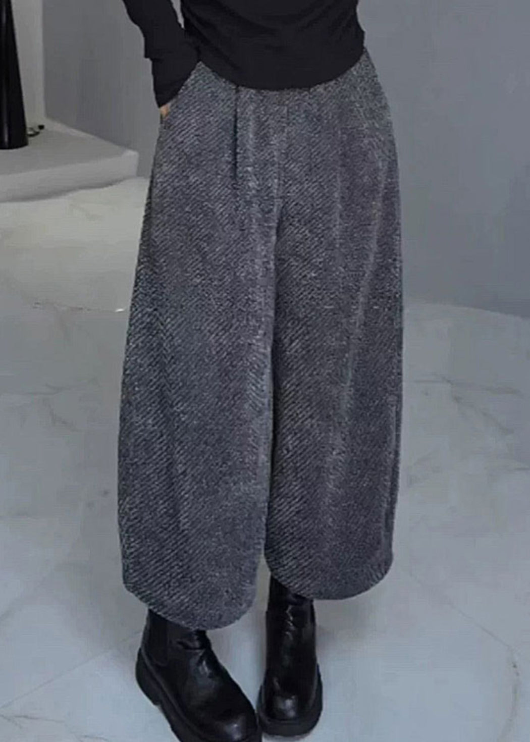 French Grey Pockets Elastic Waist Warm Fleece Wide Leg Pants Spring YY028 ABC