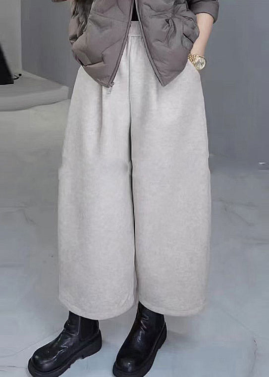 French Grey Pockets Elastic Waist Warm Fleece Wide Leg Pants Spring YY028 ABC