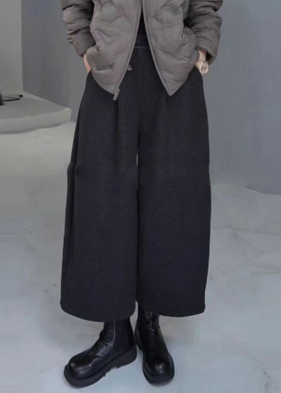 French Grey Pockets Elastic Waist Warm Fleece Wide Leg Pants Spring YY028 ABC