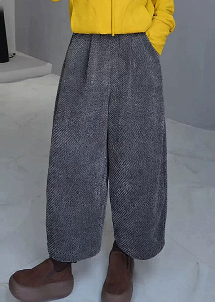 French Grey Pockets Elastic Waist Warm Fleece Wide Leg Pants Spring YY028 ABC