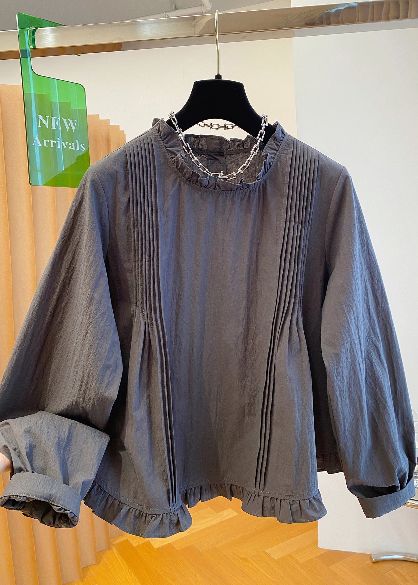 Patchwork Fall Grey Cotton Ruffled Shirt French FashionChic