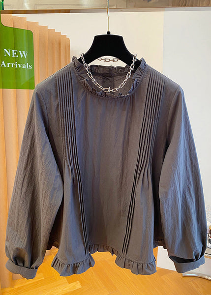 Patchwork Fall Grey Cotton Ruffled Shirt French FashionChic