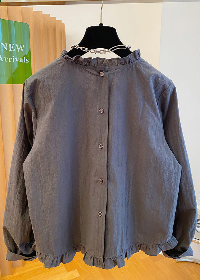 Patchwork Fall Grey Cotton Ruffled Shirt French FashionChic