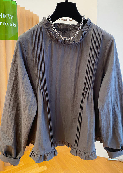 Patchwork Fall Grey Cotton Ruffled Shirt French FashionChic