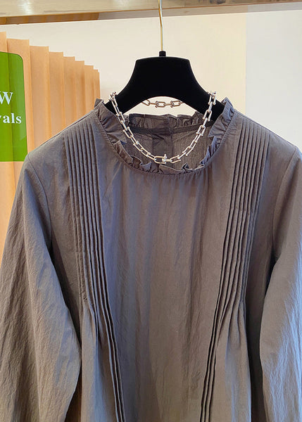 Patchwork Fall Grey Cotton Ruffled Shirt French FashionChic