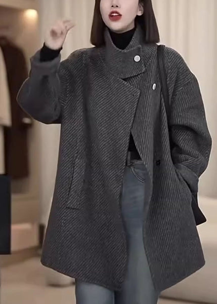 French Grey Stand Collar Button Pockets Woolen Coat Spring TY012