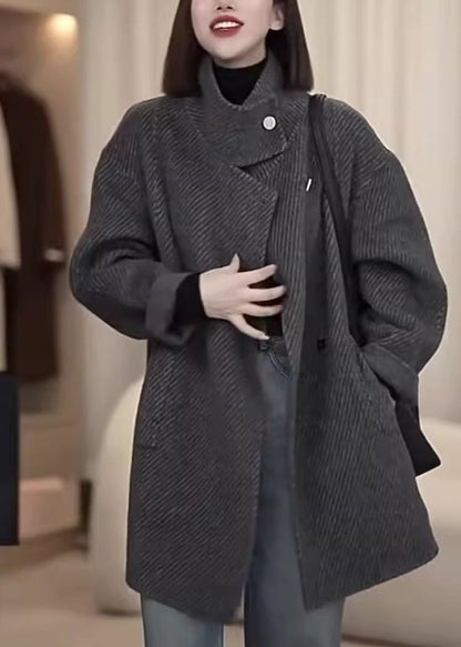 French Grey Stand Collar Button Pockets Woolen Coat Spring TY012