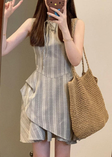 Cotton Grey French Sleeveless Dress Mini Lace Up Striped FashionChic
